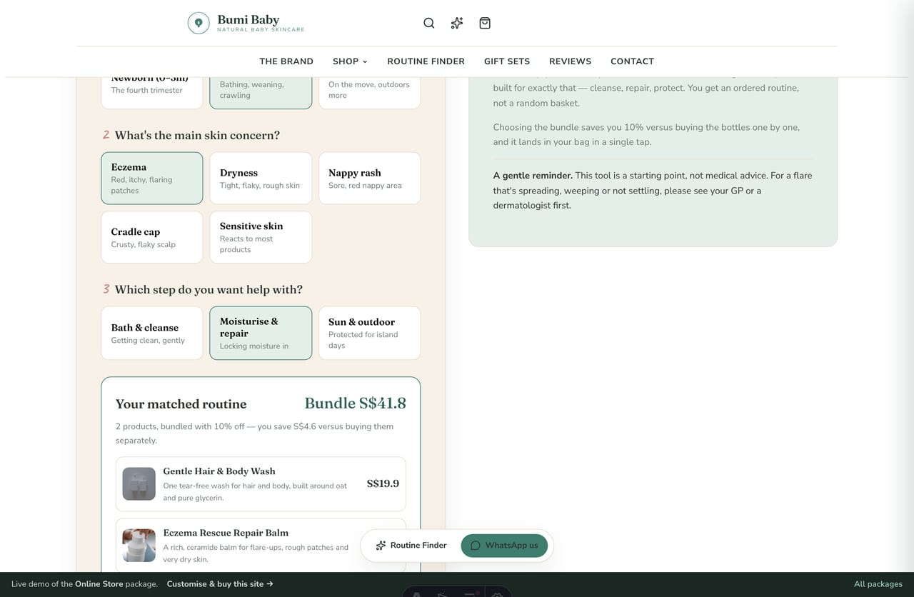 Interactive Baby Skin Routine Finder tool on the Bumi Baby Singapore baby-skincare store