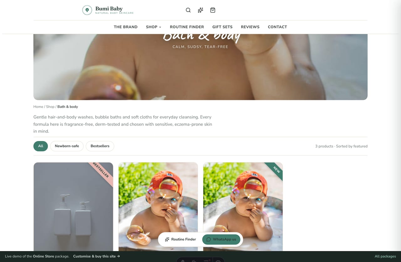 Baby-skincare collection page with a banner, filter chips and a product grid