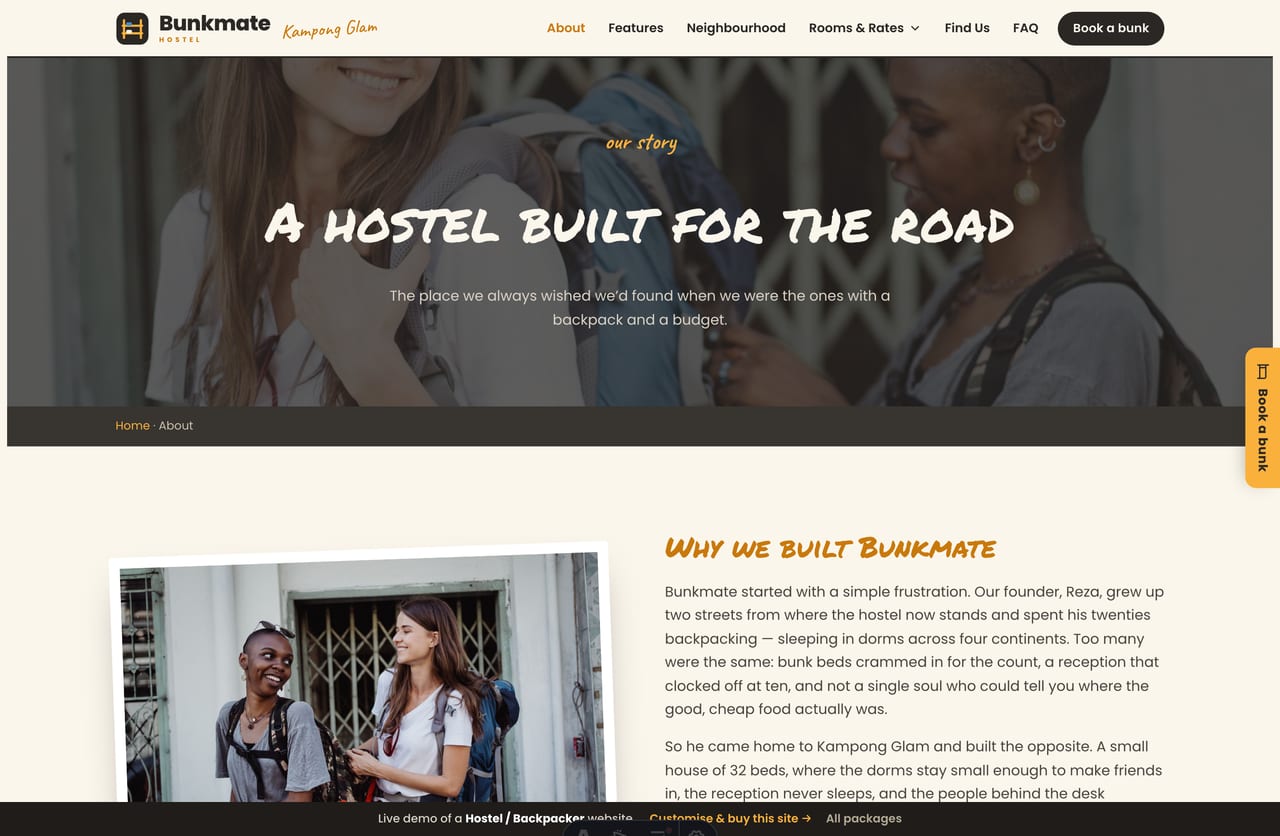 The About page for a Singapore backpacker hostel — founder story, the resident hosts and the reasons travellers stay