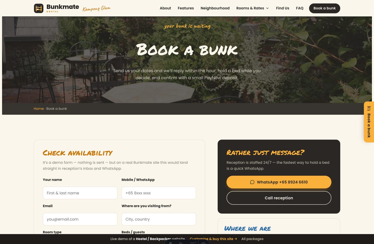 Book-a-bunk page on the Bunkmate demo — a PDPA-aware check-availability form with room, dates and guests, no cart