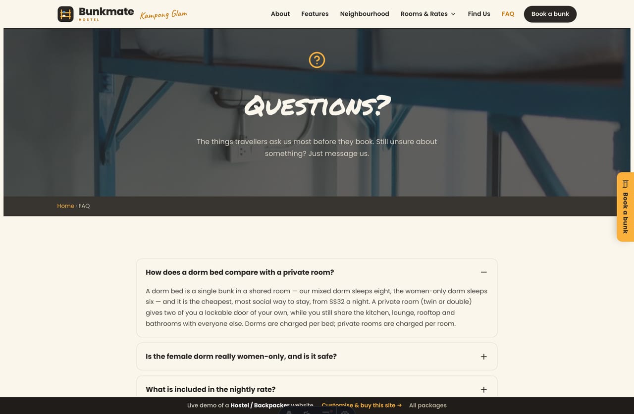 FAQ page on the Bunkmate demo — an accordion of common questions about dorms vs privates, what’s included, booking and check-in