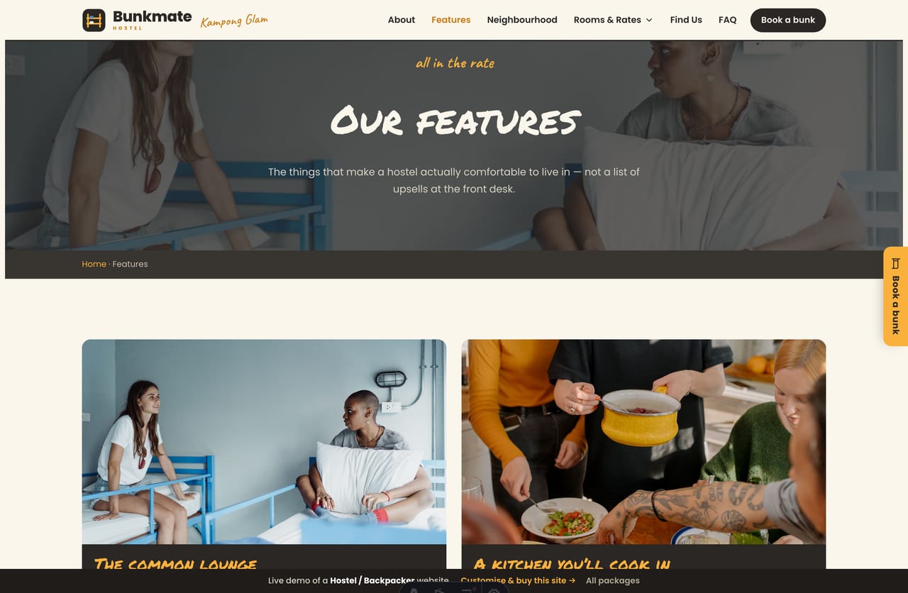 Features & amenities page on the Bunkmate demo — the lounge, kitchen, rooftop, lockers and an icon grid of everything included