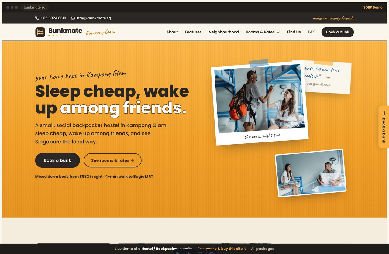 Bunkmate backpacker hostel Singapore website homepage demo — a playful scrapbook collage hero, amber-and-charcoal layout with an experiences mosaic, rate cards and a stay planner