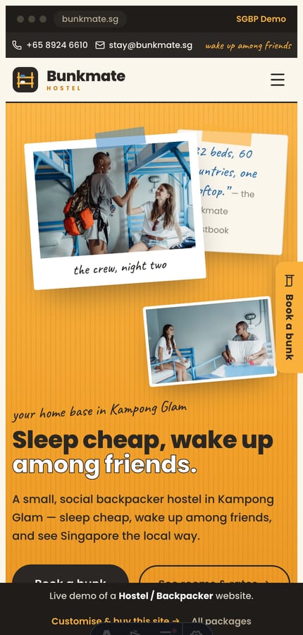 The Bunkmate backpacker hostel website on mobile — scrapbook hero and a sticky book-a-bunk tab at 430px