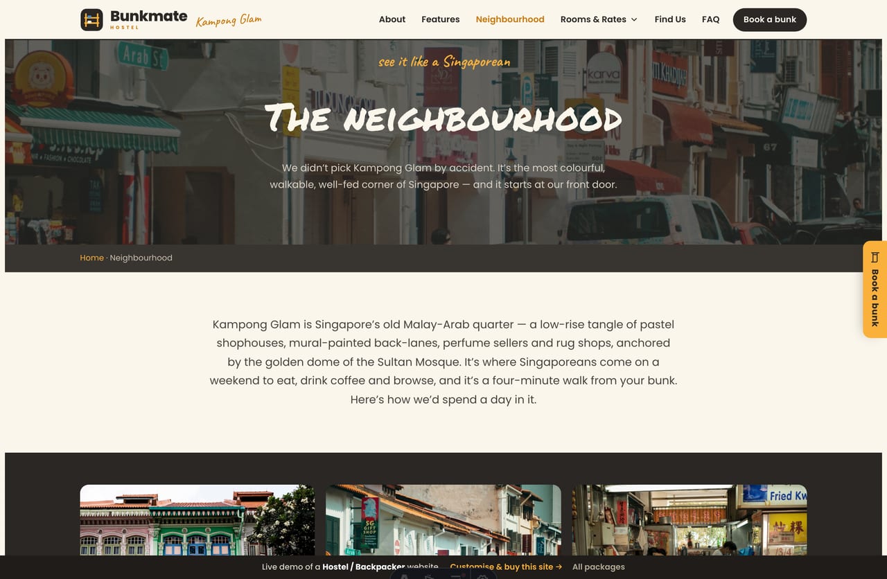 Neighbourhood page on the Bunkmate demo — Kampong Glam highlights, a local host cheat-sheet and getting-around tips