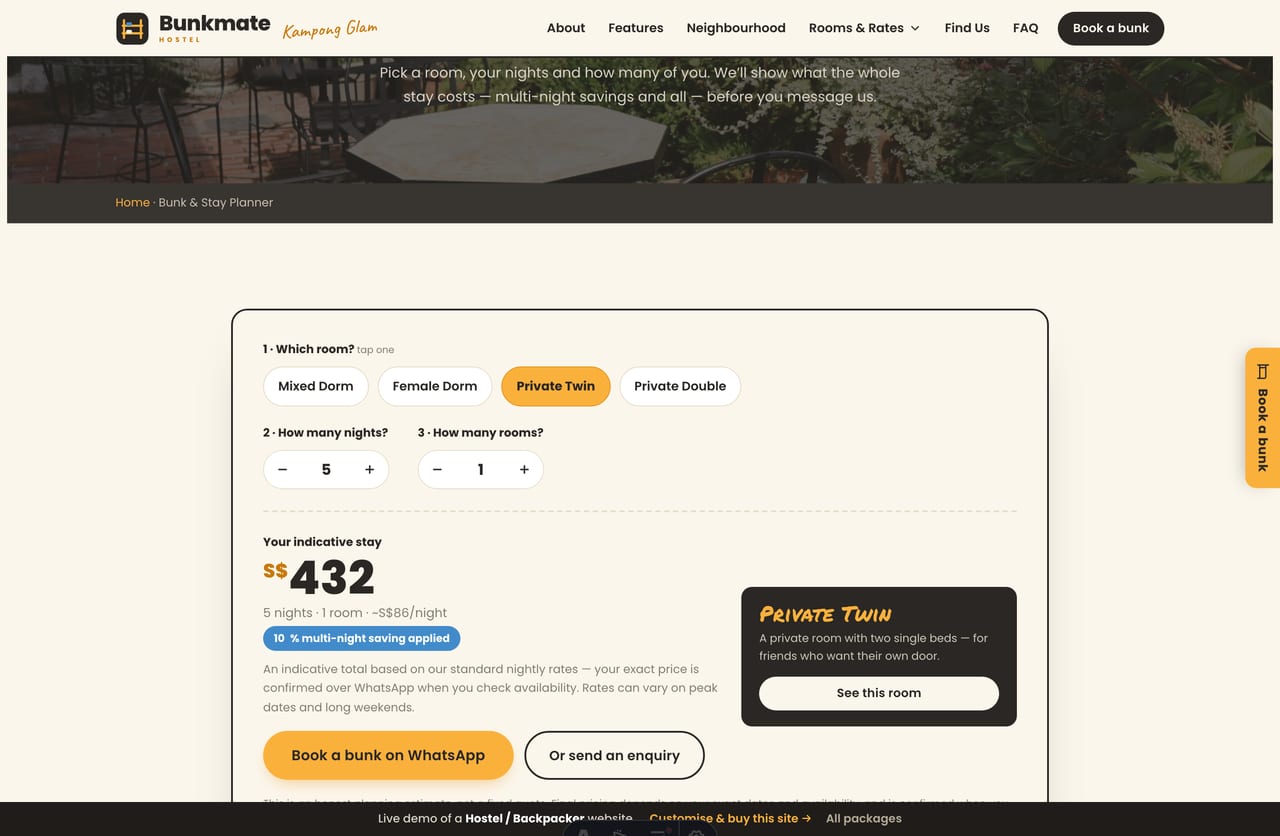Bunk & Stay Planner result on a Singapore hostel site — a live indicative stay total, a multi-night saving and a WhatsApp book-a-bunk CTA