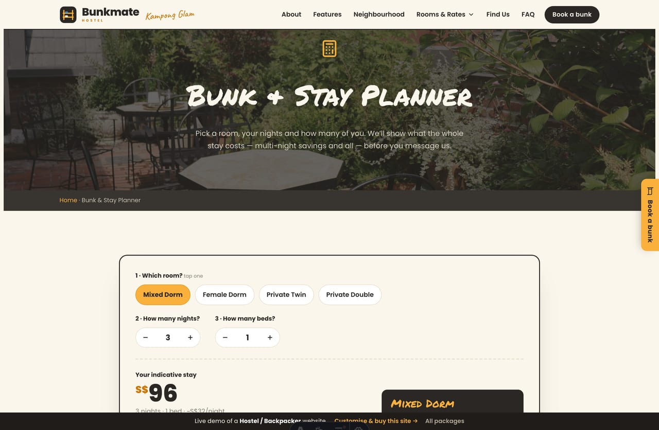 The interactive Bunk & Stay Planner on the Bunkmate demo — pick a room type, number of nights and beds for a live indicative stay total