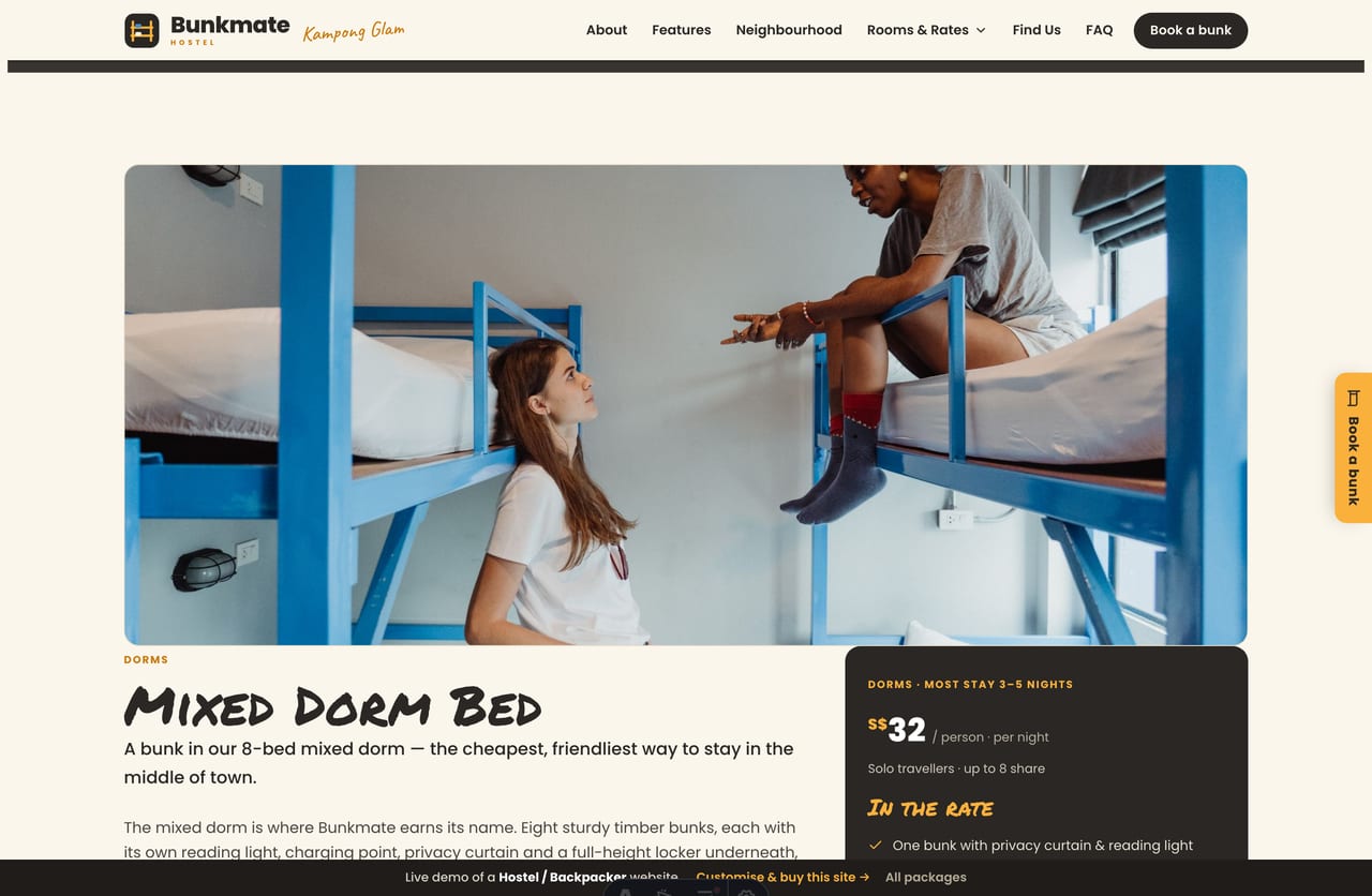 A room detail page on the Bunkmate demo — hero photo, who it sleeps, per-night rate, what is in the rate, add-ons and a book-a-bunk CTA