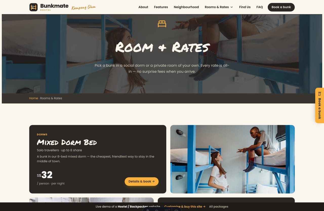 Rooms & rates page on the Bunkmate demo — mixed dorm, female dorm, private twin and double as charcoal rate cards with per-night prices