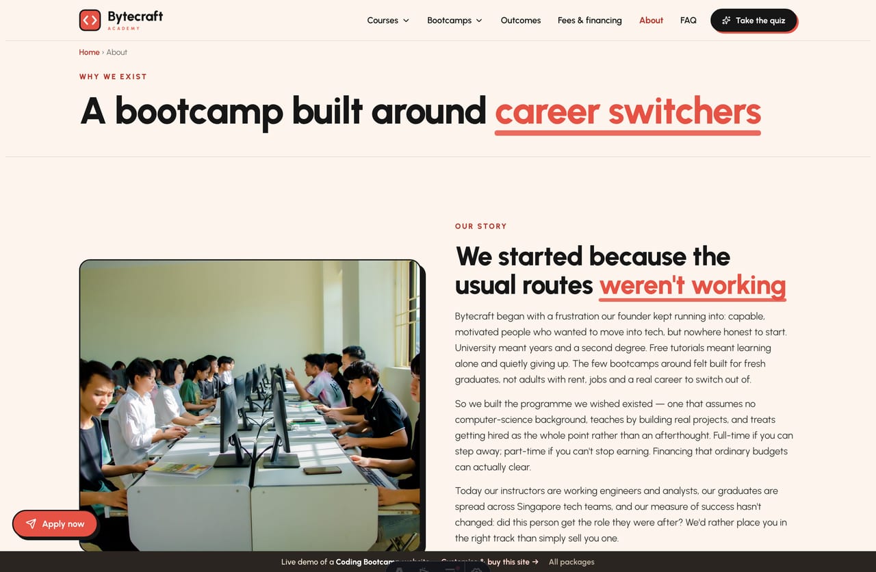 The About page for a Singapore coding bootcamp — founder story, the instructors and why career switchers choose it