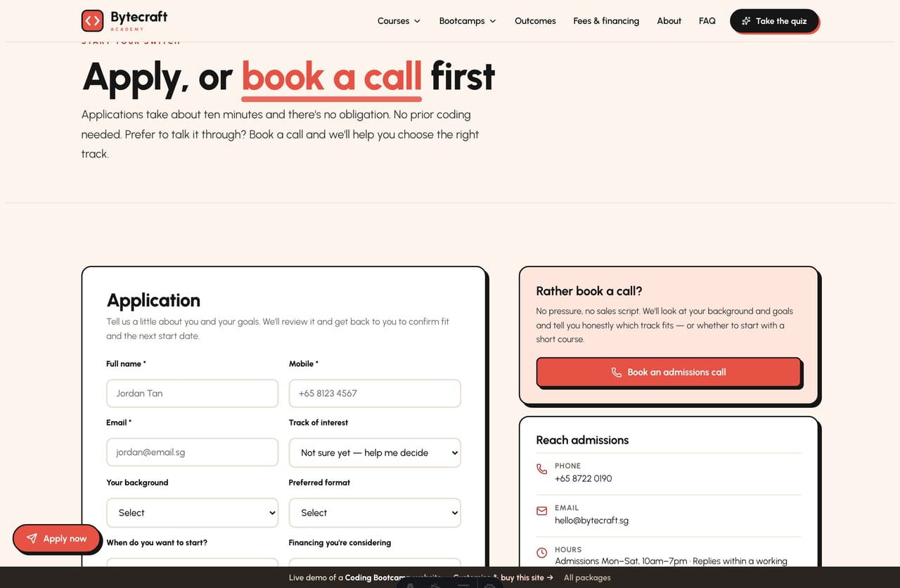 Apply / book-a-call page on the Bytecraft demo — a PDPA-aware application form with track, background and format, no cart