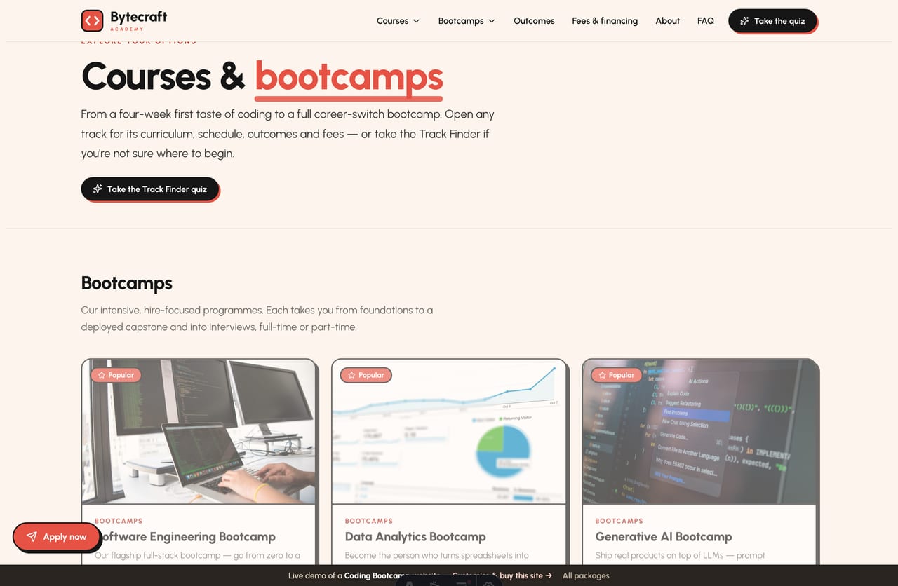 Courses & bootcamps listing page on the Bytecraft demo — bootcamps and short courses as outlined cards with from-fees