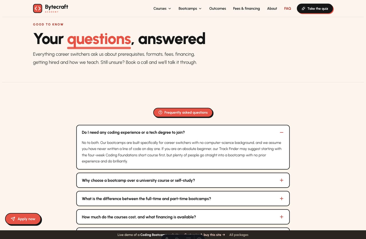 FAQ page on the Bytecraft demo — an accordion of common questions about prerequisites, formats, fees, financing and getting hired
