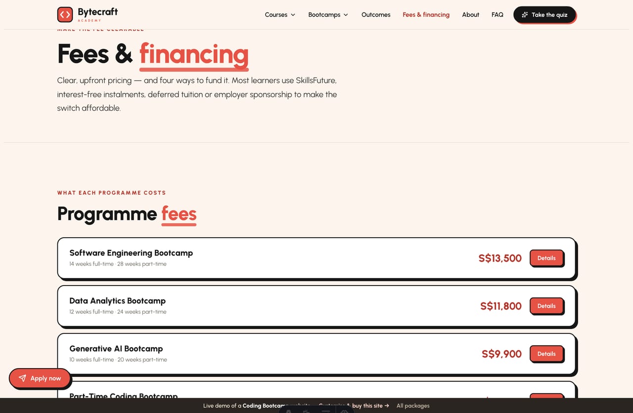 Fees & financing page on the Bytecraft demo — programme fees plus SkillsFuture, instalments, deferred tuition and sponsorship cards