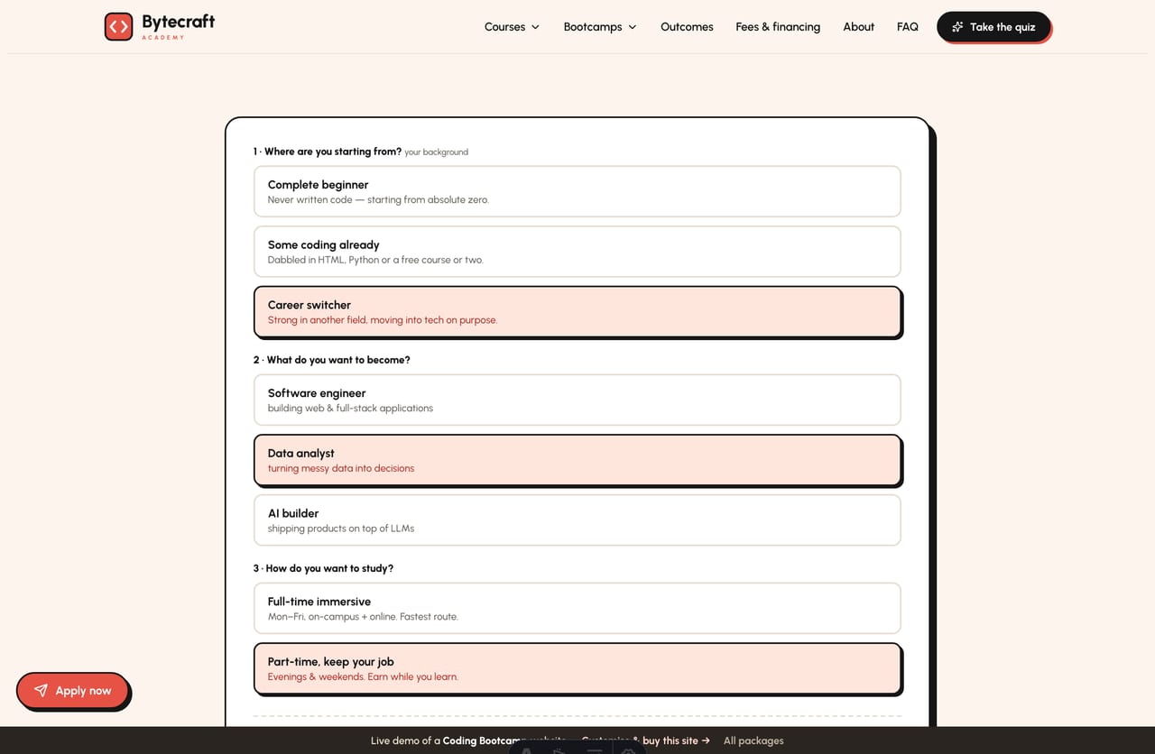 Bootcamp Track Finder result on a Singapore coding-bootcamp site — a recommended track, indicative weeks, course fee and an apply CTA