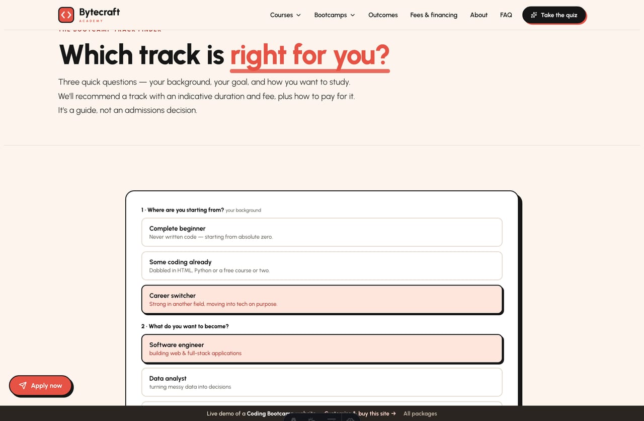 The interactive Bootcamp Track Finder on the Bytecraft demo — pick a background, goal and study format for a recommended track