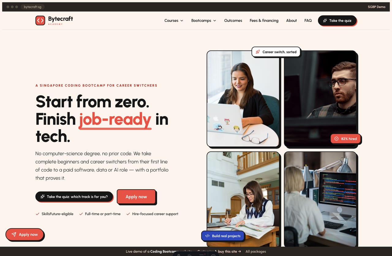 Bytecraft coding-bootcamp Singapore website homepage demo — a cream + coral collage hero, bootcamp track cards and a Track Finder quiz
