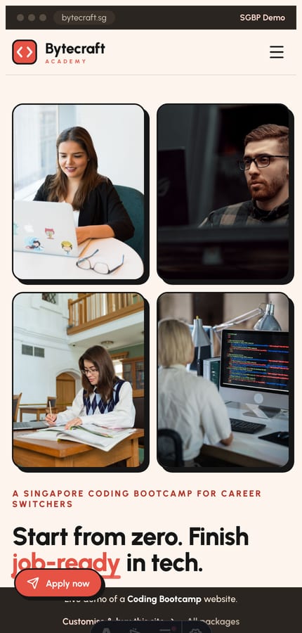 The Bytecraft coding-bootcamp website on mobile — collage hero and a sticky apply pill at 430px