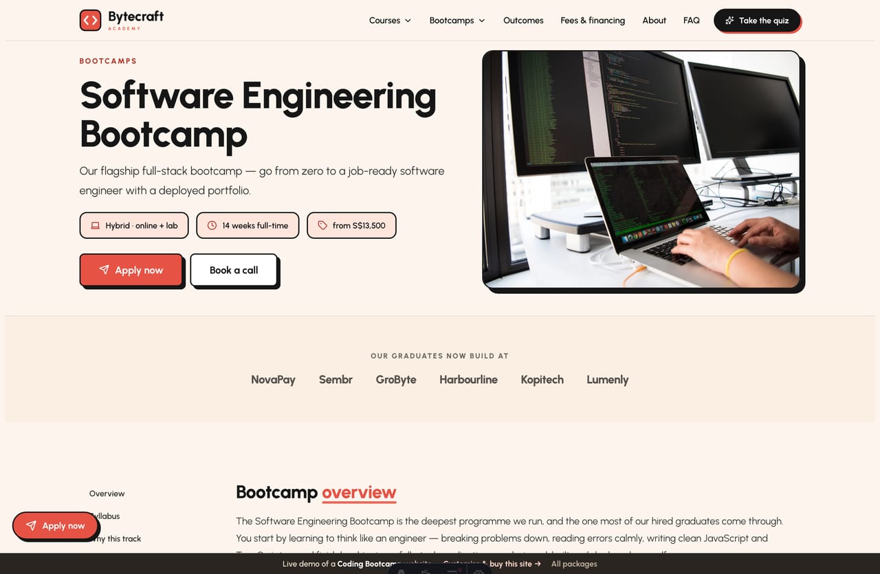 A bootcamp track detail page on the Bytecraft demo — split intro, sticky section nav, syllabus accordion, fees and how to apply