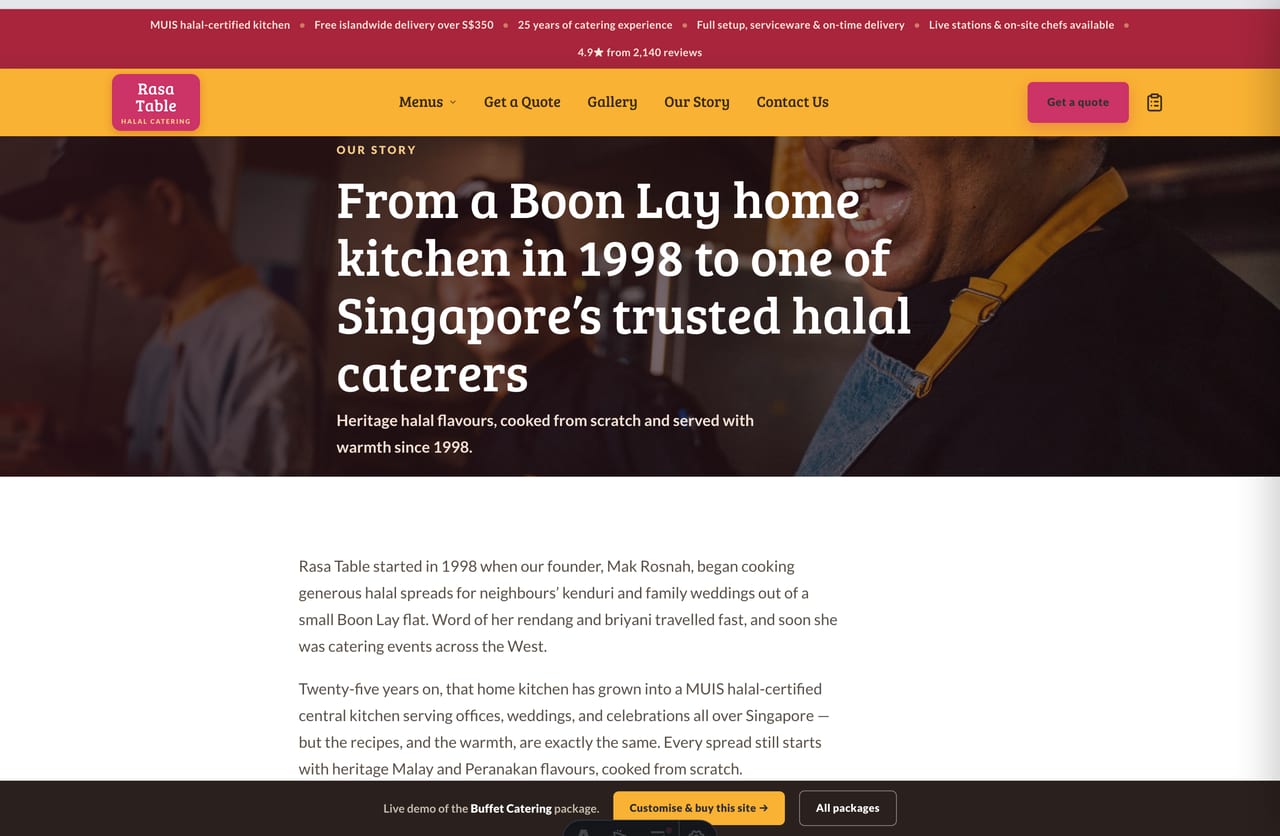 About and brand-story page for a Singapore halal caterer started in a Boon Lay home kitchen