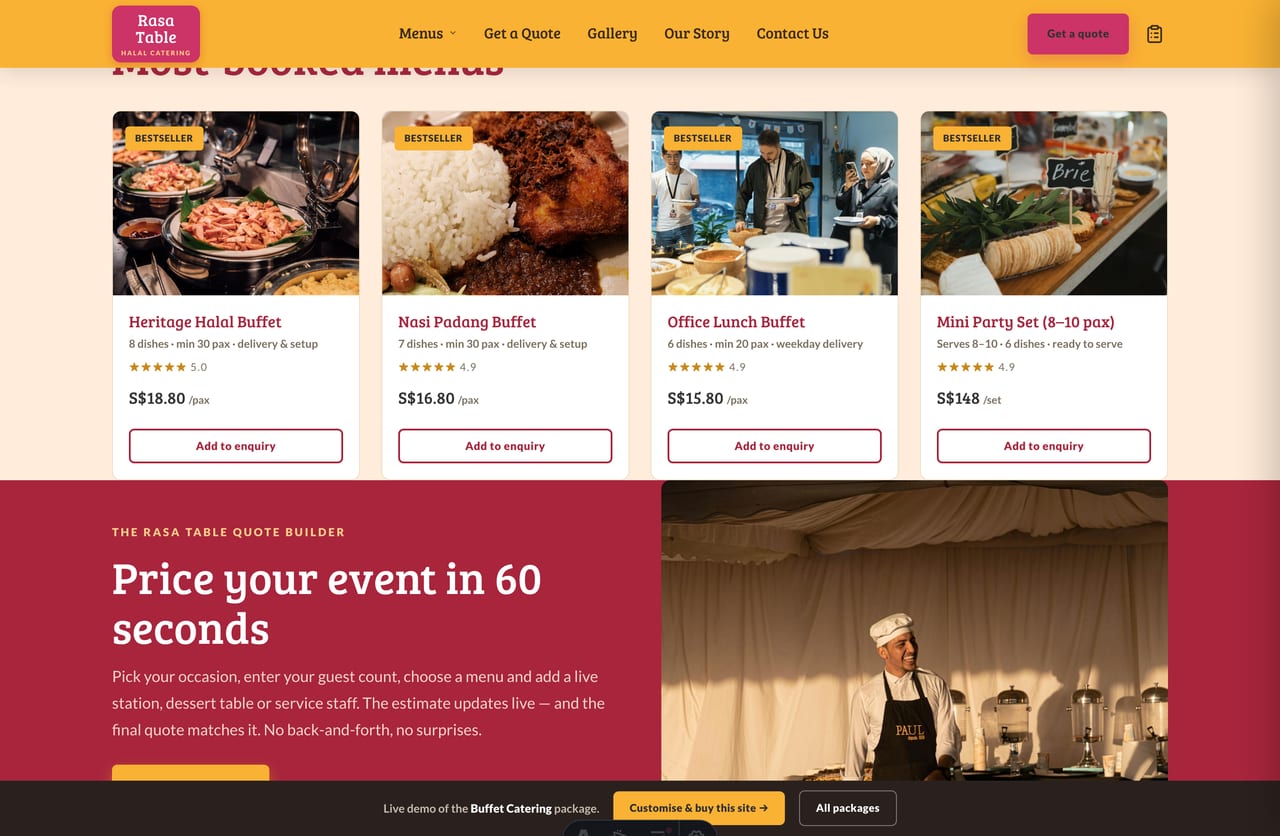 Most-booked halal catering menus grid on the Rasa Table website