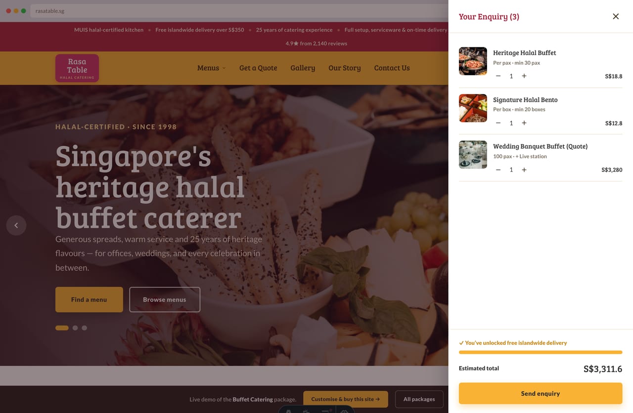 Slide-out enquiry drawer with a free-islandwide-delivery progress bar on the Singapore catering site