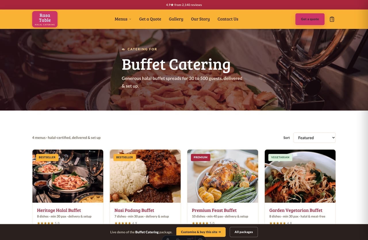 Buffet catering occasion page with sorting on the Singapore halal caterer demo