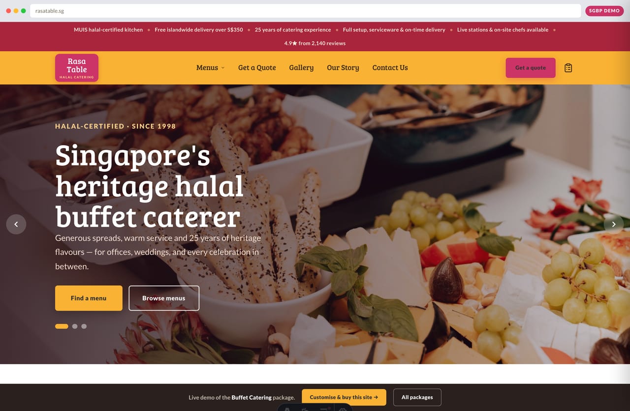 Rasa Table halal buffet catering website homepage demo — raspberry hero, golden-amber nav and quote CTA (Singapore)