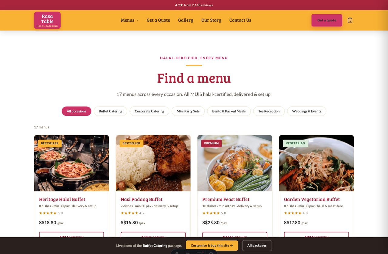 Catering menus page with filterable occasion grid, per-pax pricing and add-to-enquiry