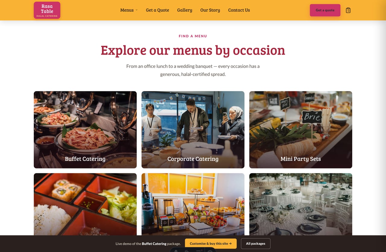 Browse-by-occasion catering tiles for a Singapore halal caterer — buffet, corporate, mini party, bento, tea reception and weddings