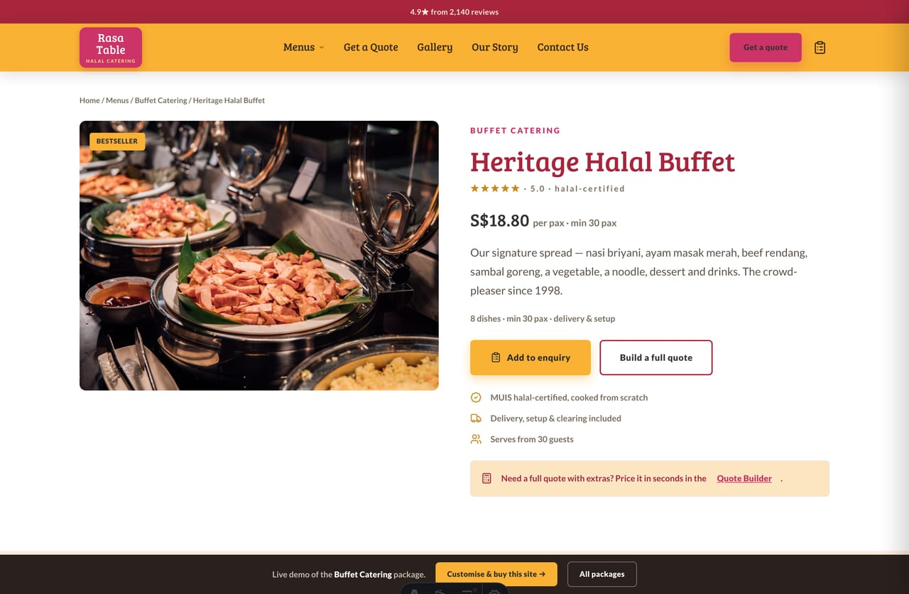 Catering package detail page with image, per-pax price, minimum pax and add-to-enquiry