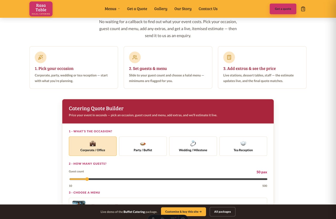 Interactive Catering Quote Builder on the Rasa Table Singapore halal catering website