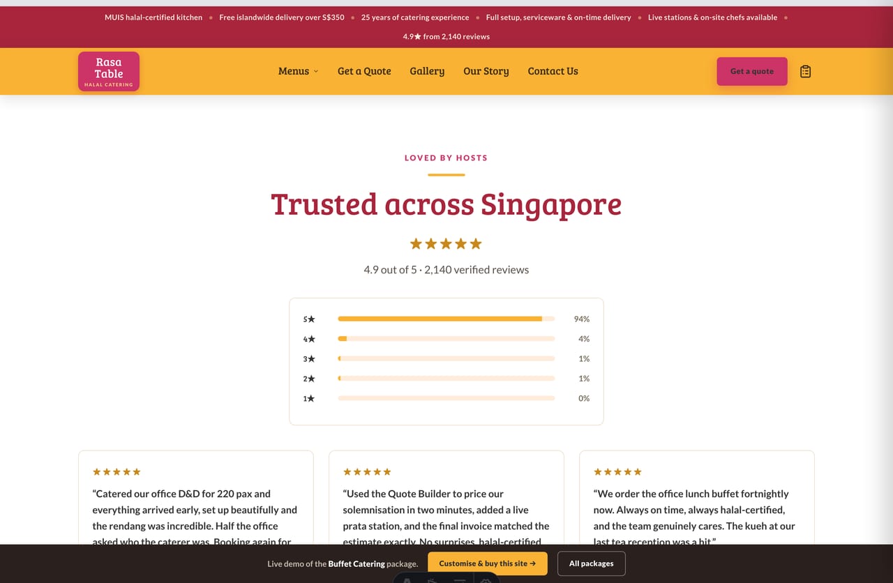 Singapore customer reviews and star ratings on the Rasa Table halal catering website