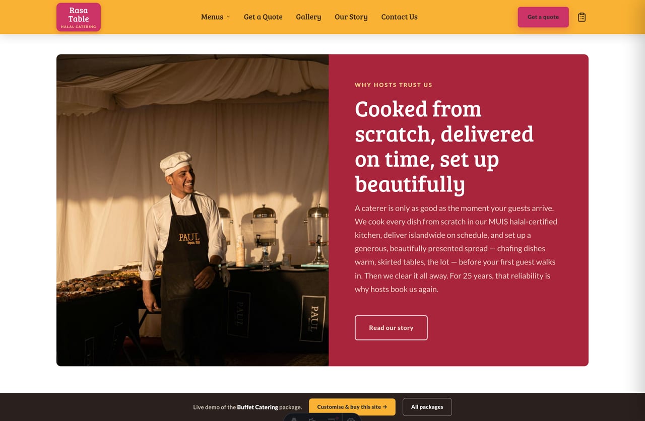 Cooked-from-scratch, delivered, set-up trust block on a Singapore halal catering homepage
