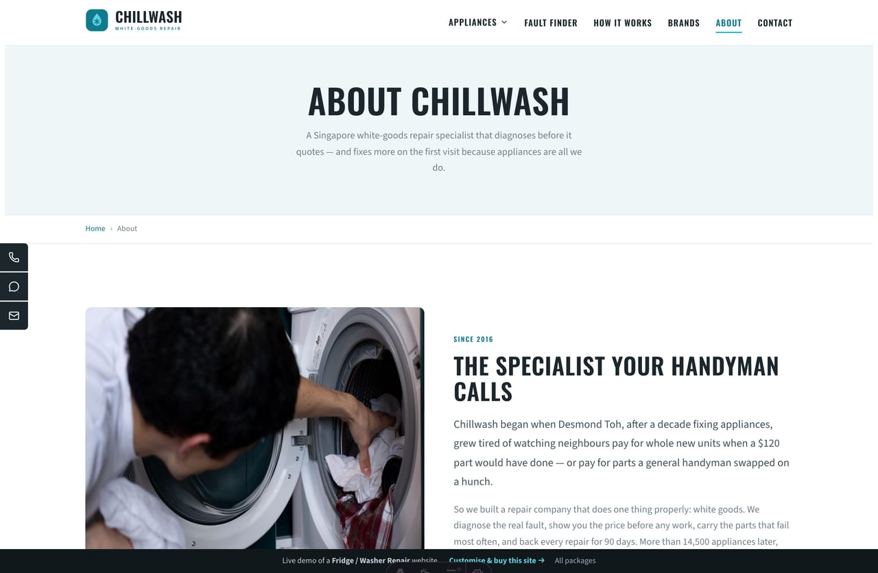 The About page for a Singapore appliance-repair specialist — founder story, a tabbed who-we-are panel, stats and the technicians