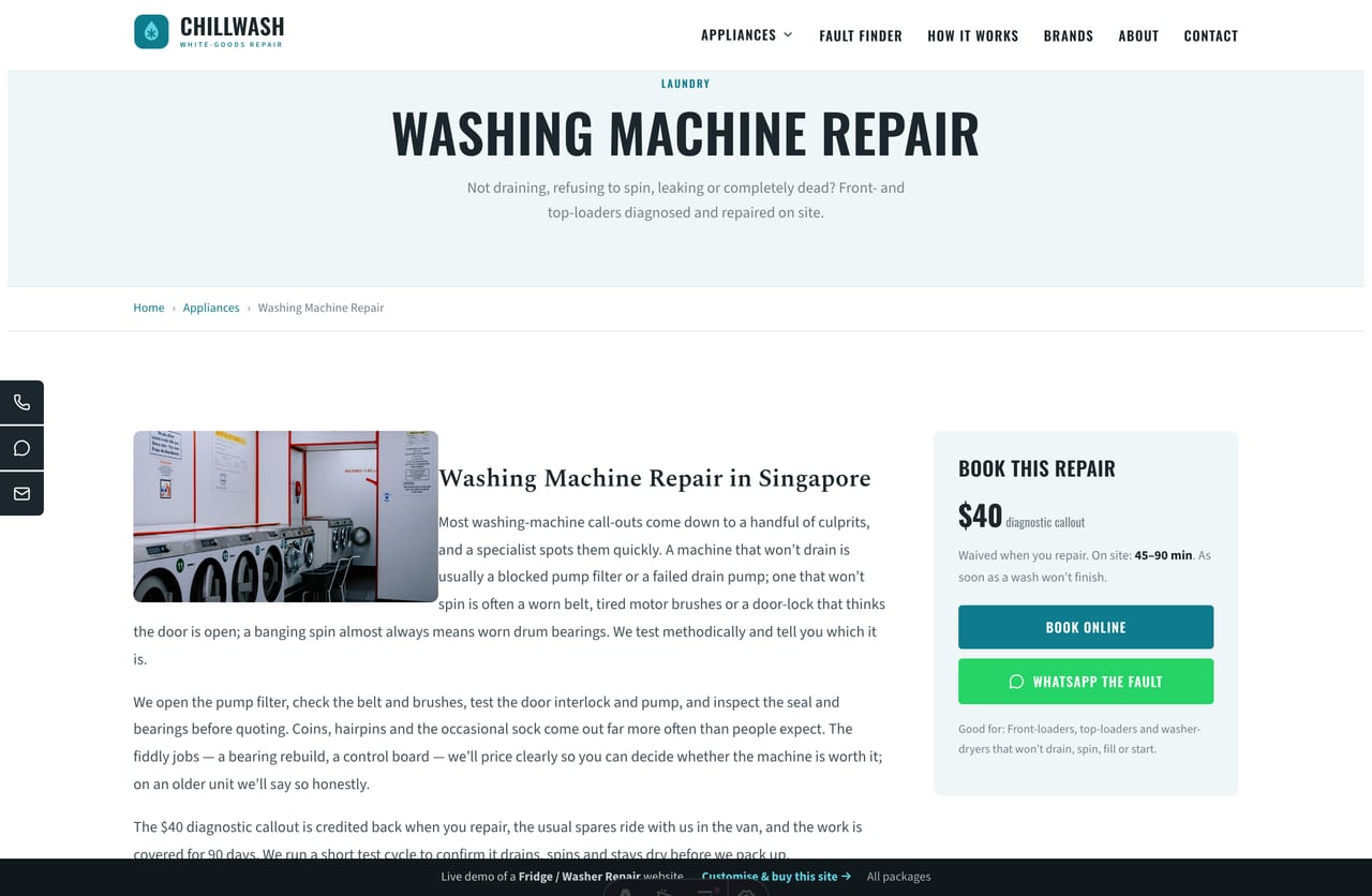 An appliance detail page on the Chillwash demo — a centered title, a lead image, an article and a sticky book-a-repair sidebar