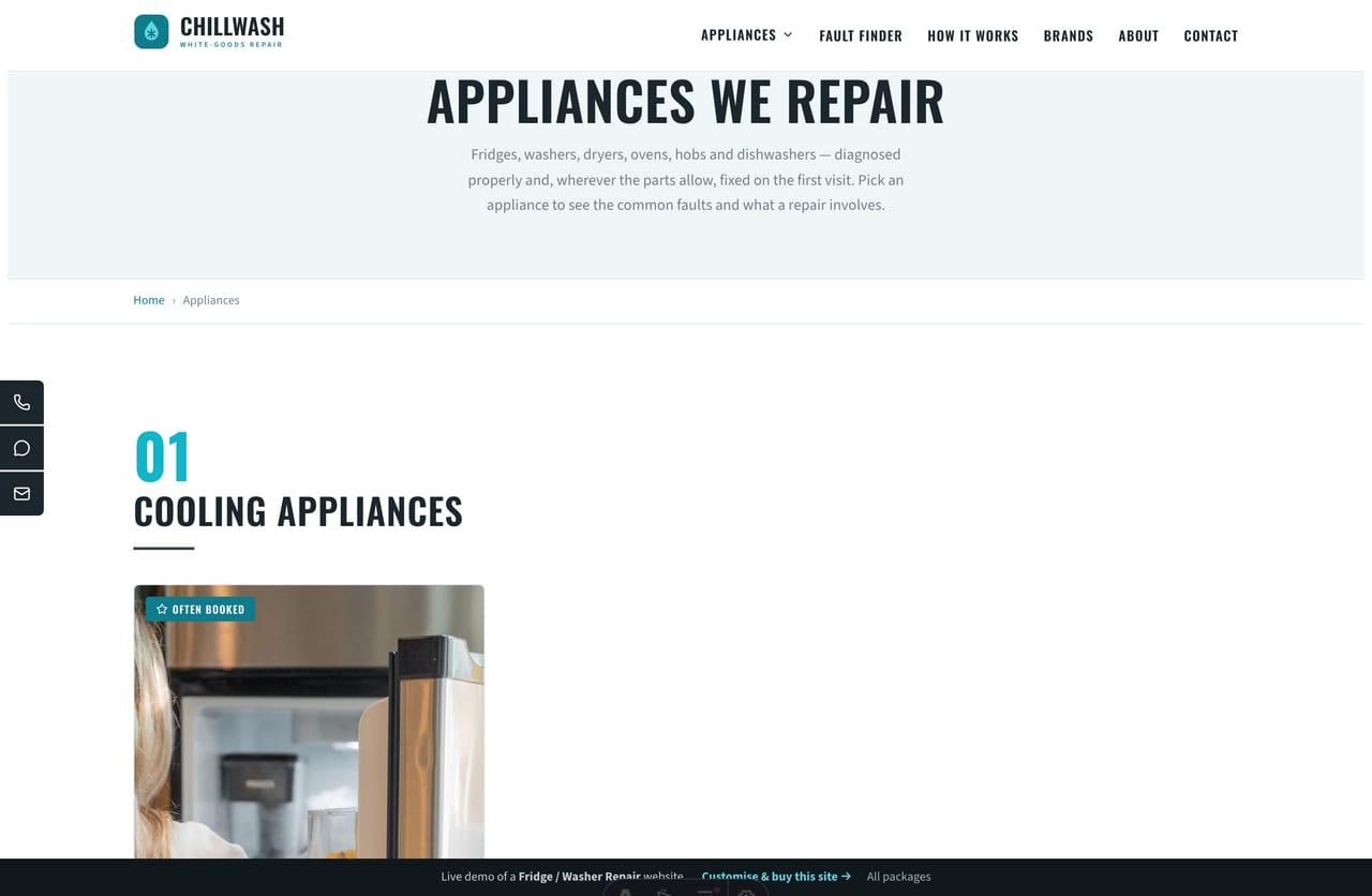 Appliances page on the Chillwash demo — fridge, washer, dryer, oven and dishwasher repair grouped as cards by category