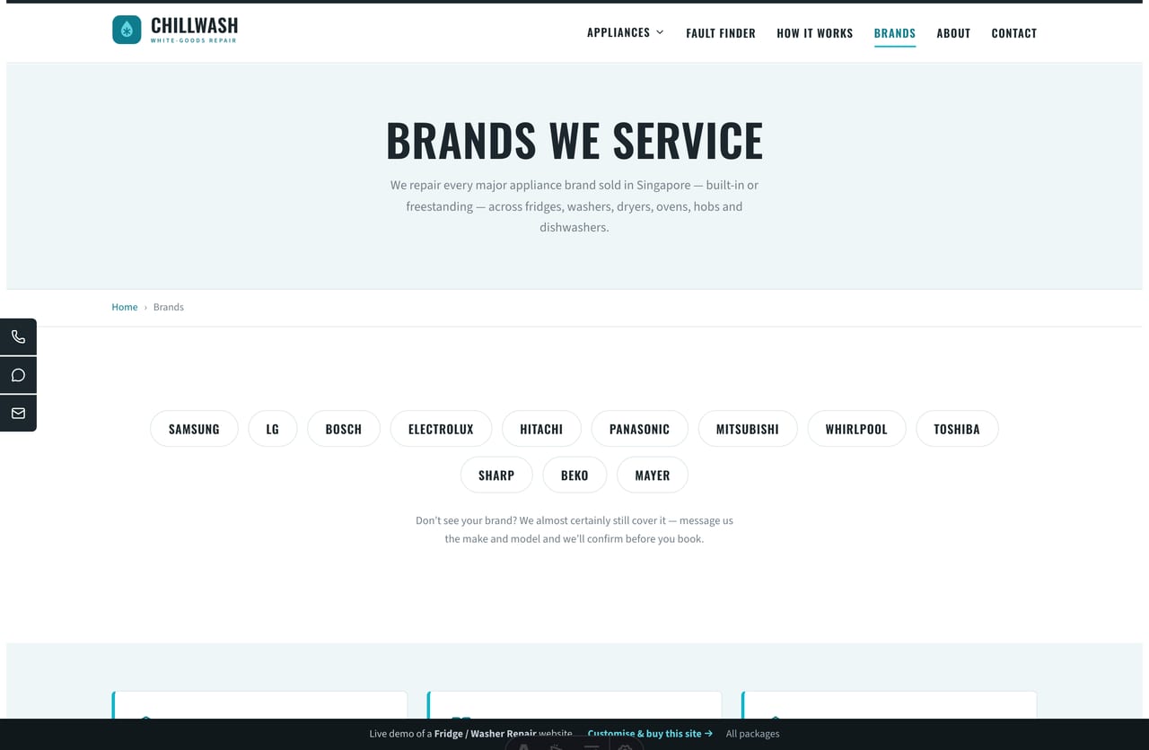 The brands page on the Chillwash demo — a chip grid of appliance brands serviced, like Samsung, LG, Bosch and Electrolux