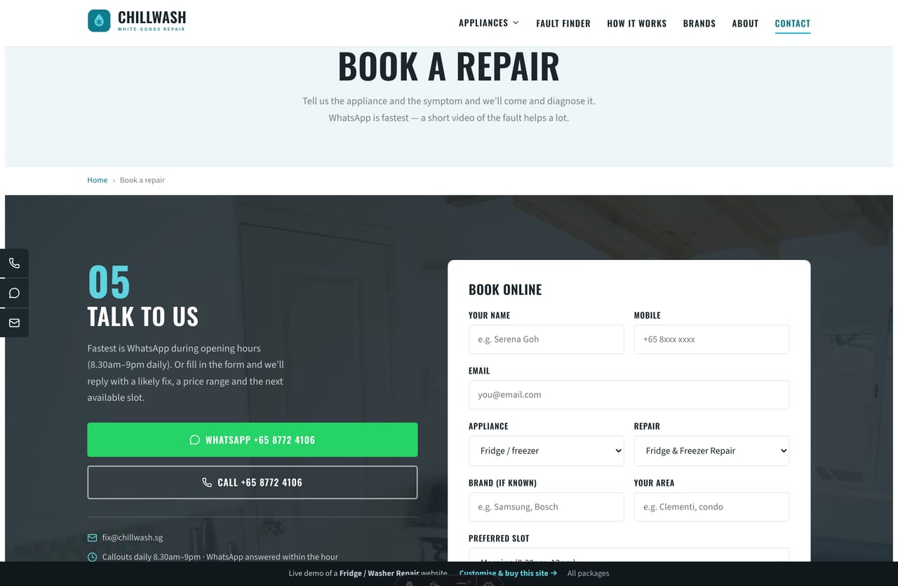 Book-a-repair page on the Chillwash demo — a PDPA-aware booking form with appliance, brand, area and slot, over a kitchen photo