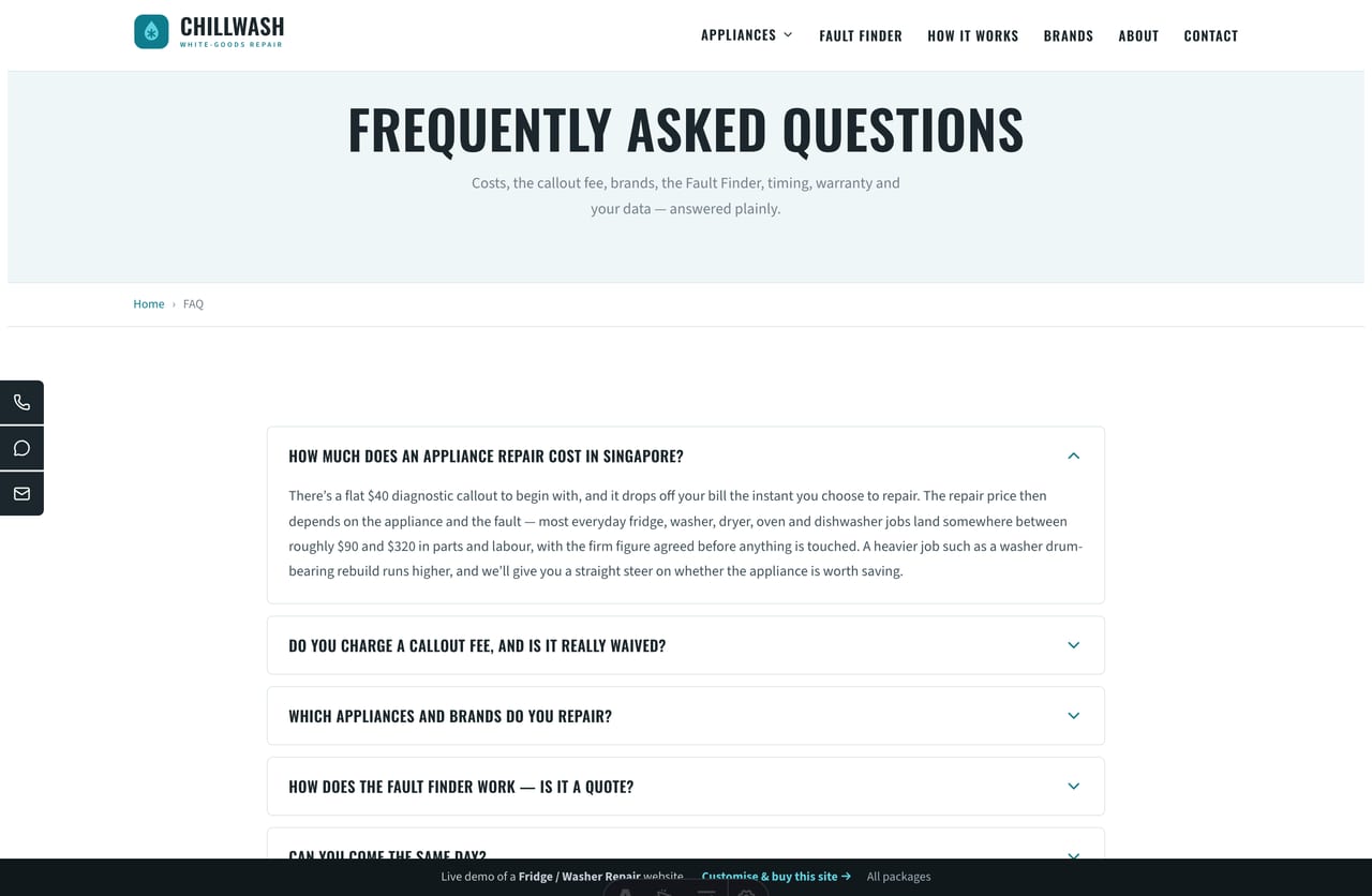 FAQ page on the Chillwash demo — a question-pill accordion on appliance repair costs, the callout fee and warranty