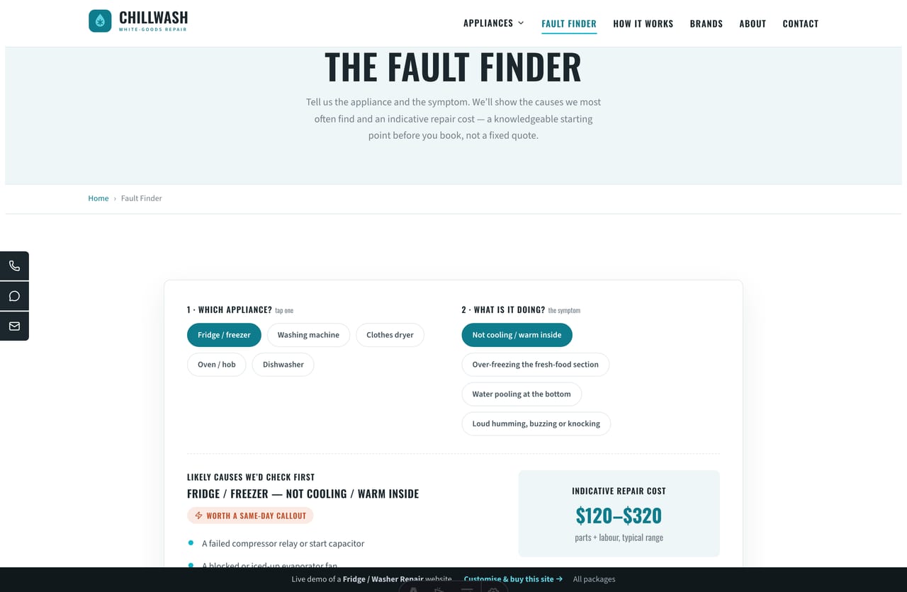 The interactive Fault Finder on the Chillwash demo — pick an appliance and symptom to see likely causes and an indicative repair cost