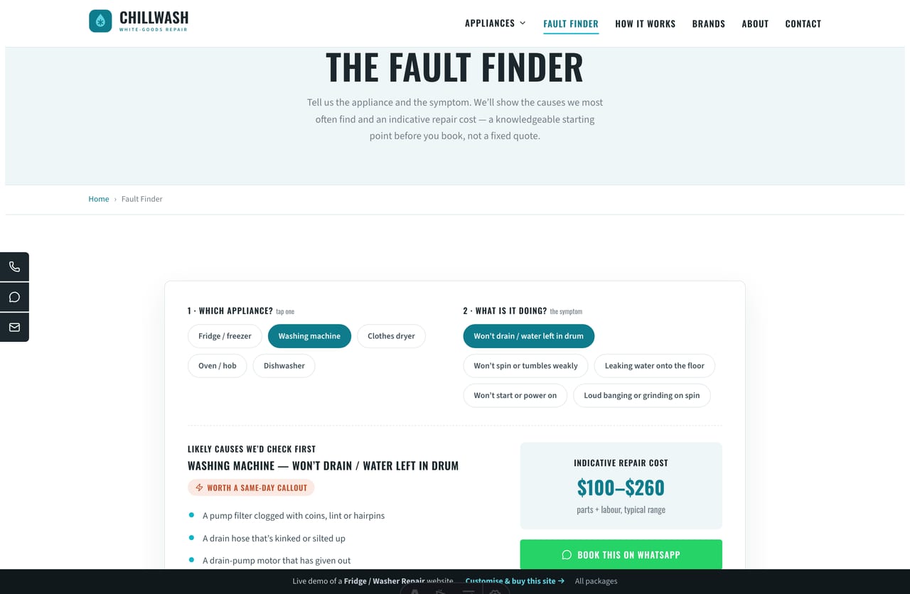 Fault Finder result on a Singapore appliance-repair site — likely causes, an indicative cost range and a same-day urgency flag with a book CTA
