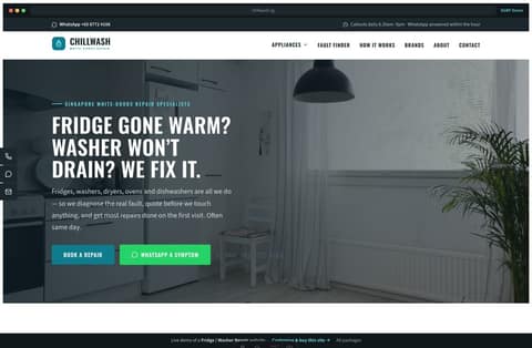 Chillwash white-goods repair Singapore website homepage demo — a cool teal and charcoal site with a full-bleed kitchen hero, numbered section headers and appliance cards