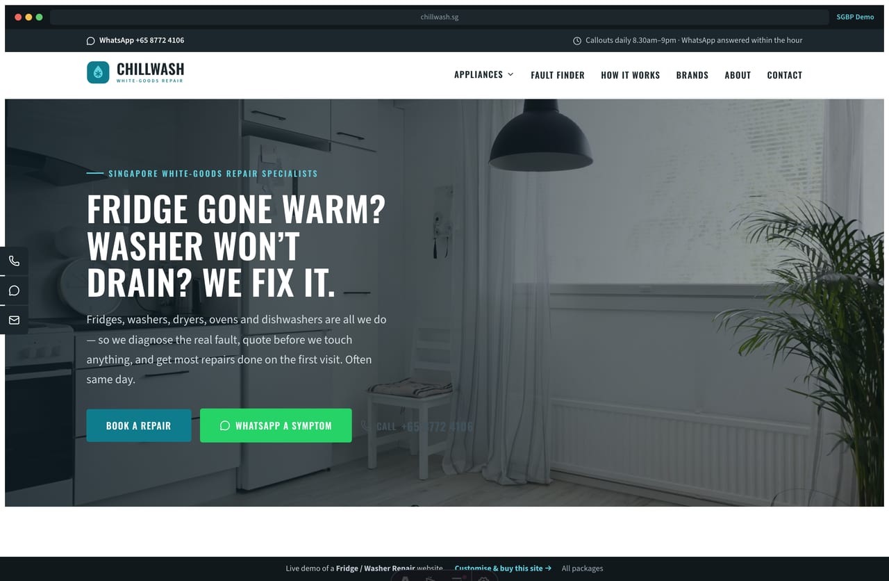 Chillwash white-goods repair Singapore website homepage demo — a cool teal and charcoal site with a full-bleed kitchen hero, numbered section headers and appliance cards