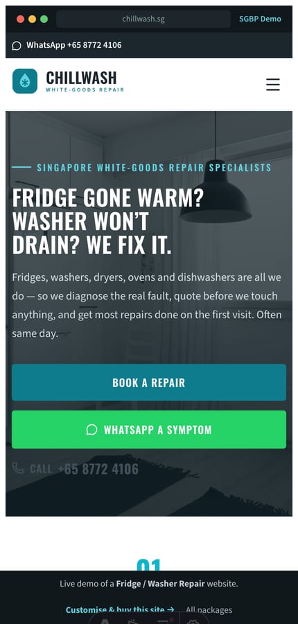 The Chillwash white-goods repair website on mobile — the full-bleed hero and book-a-repair CTA at 430px