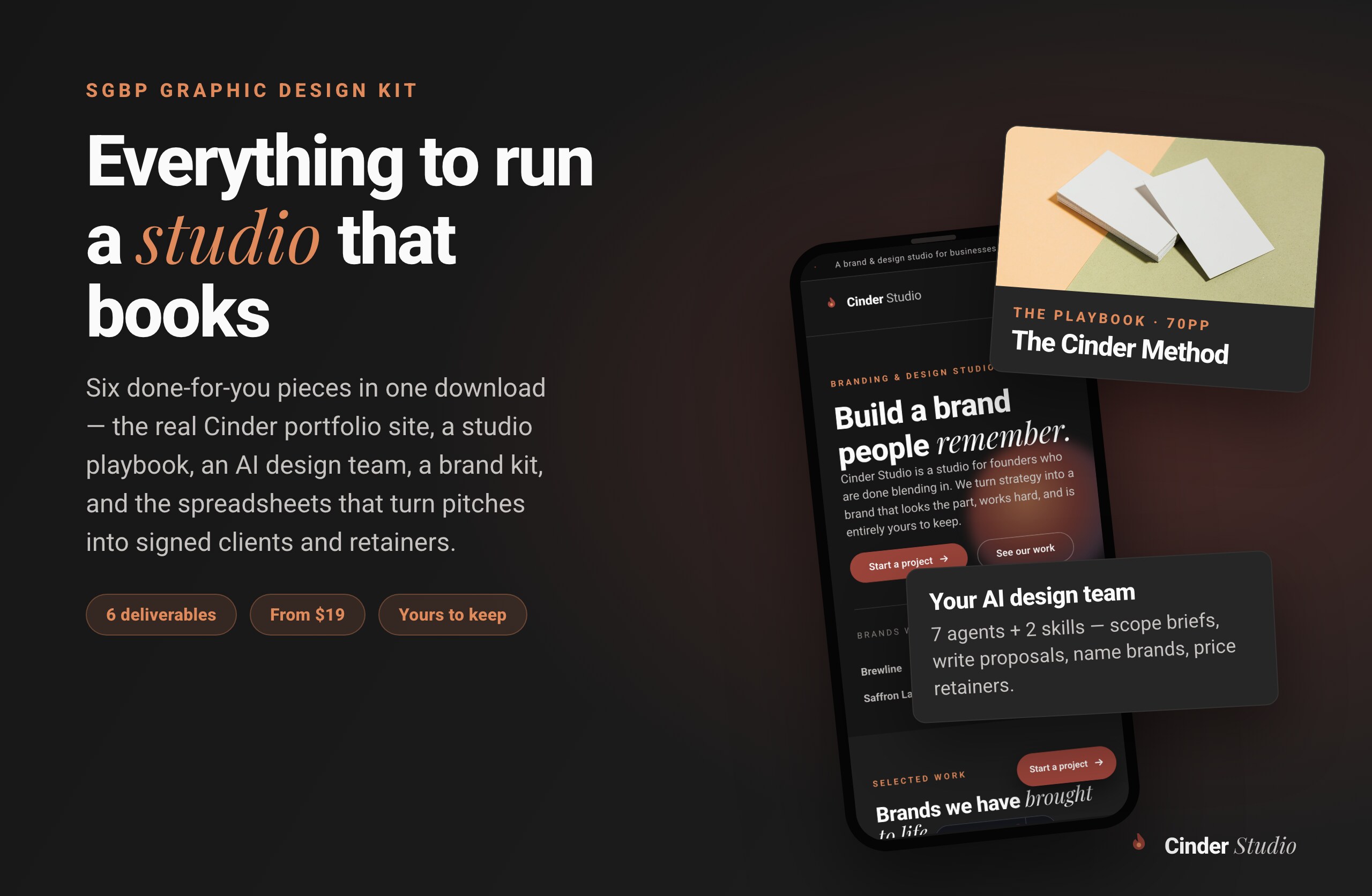 Everything in the Cinder Method graphic-design launch kit — book, studio portfolio website, AI agents, brand kit, templates and email course