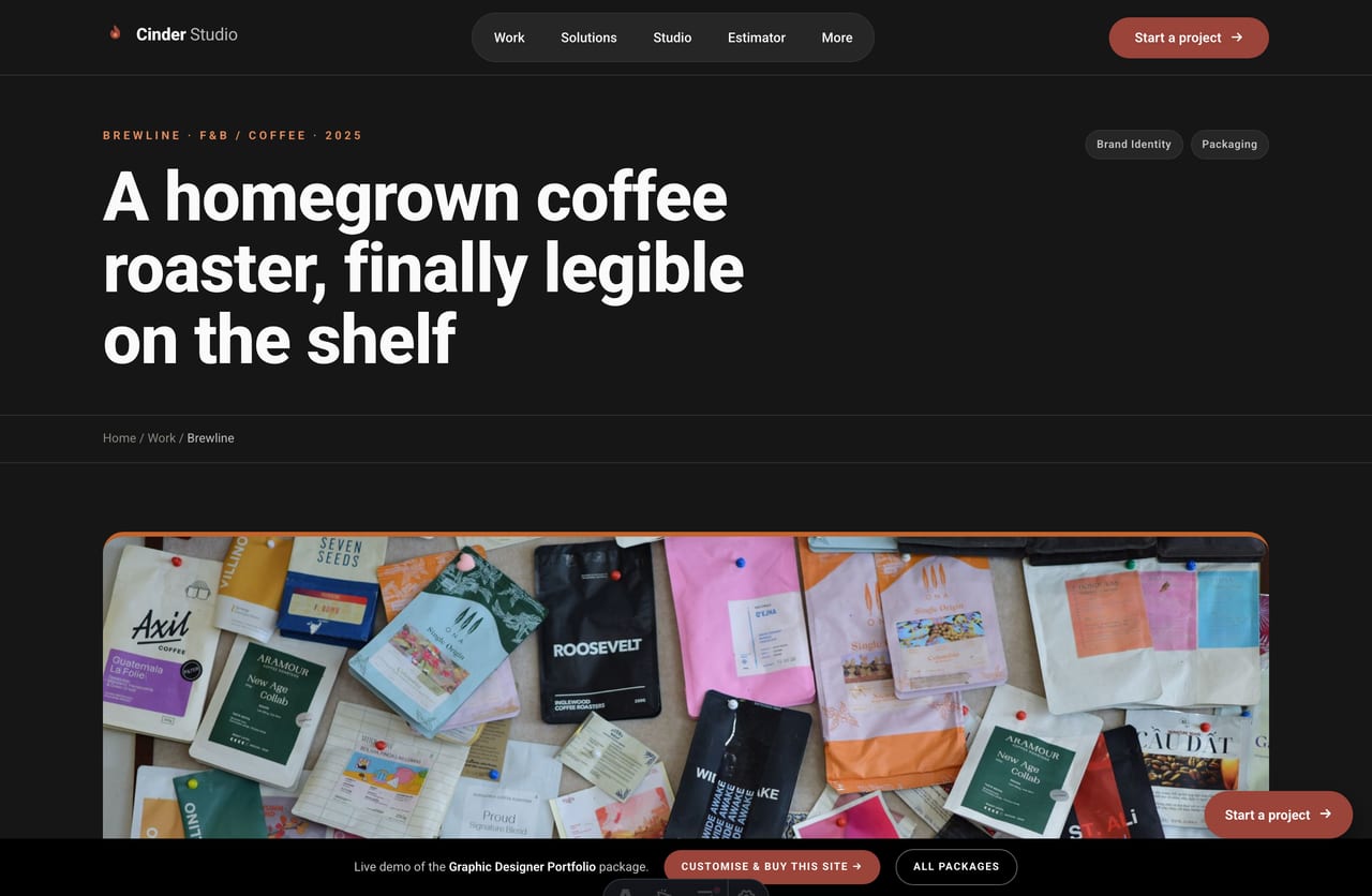 Single case-study page with challenge, solution and results on a design studio portfolio