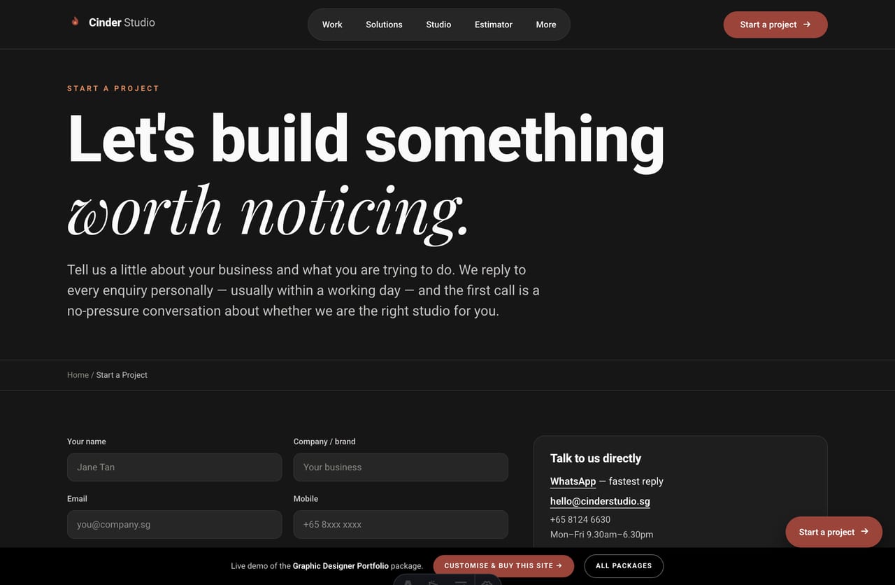 Start-a-project enquiry form page on a Singapore design studio portfolio website