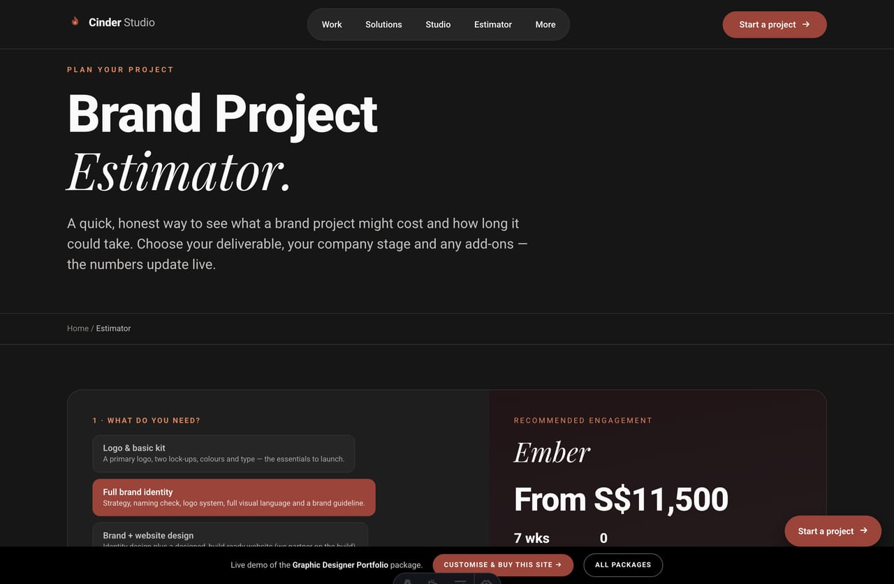 Interactive Brand Project Estimator on a Singapore graphic-design studio website