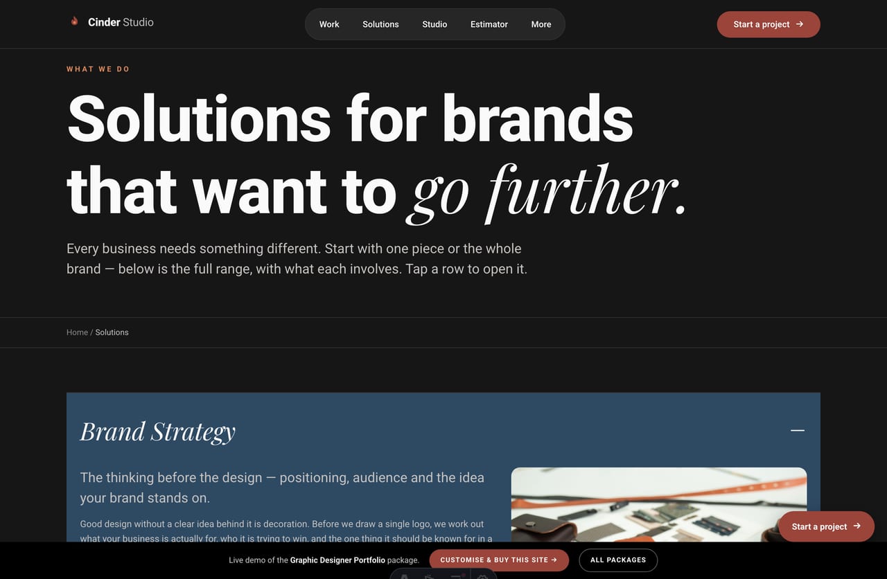 Design solutions accordion on a branding studio website in Singapore